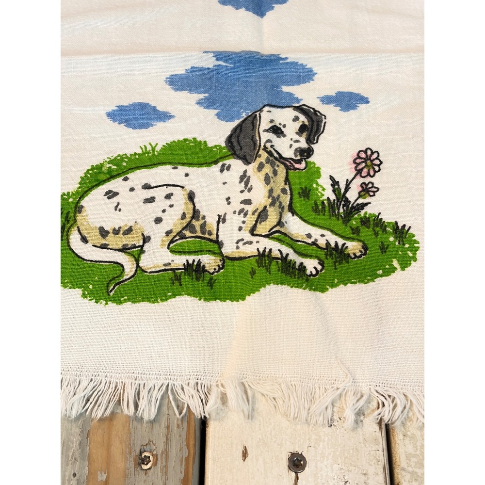 Vintage Dalmatian Dog Linen Tea Towel White Fringe Kitchen Hand Towel Retro - Picture 2 of 8